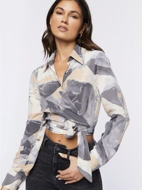 Forever 21 Abstract Marbled Long Sleeve Wrap Top Gray Taupe Small